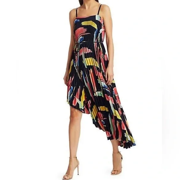 open lace back dress Milly Women's Liv Belted Pleated Dress - Black